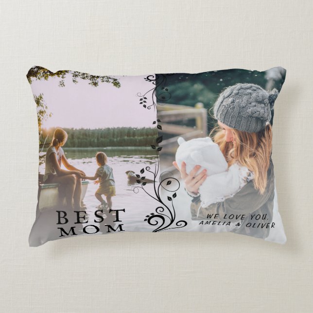 Best Mom Modern Foliage 2 Custom Photos Mother Accent Pillow (Front)