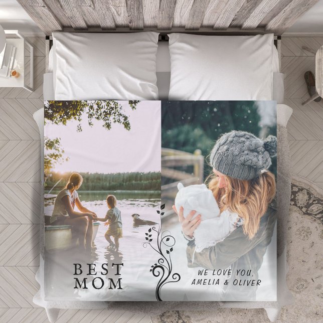 Best Mom Modern Foliage 2 Custom Photos Mother Fleece Blanket (Creator Uploaded)