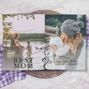 Best Mom Modern Foliage 2 Custom Photos Mother Kitchen Towel