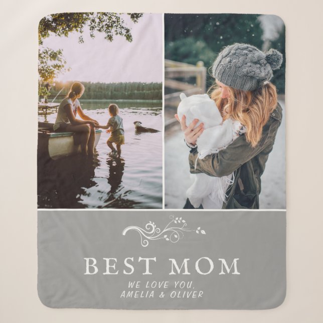 Best Mom Modern Foliage 2 Custom Photos Mother Sherpa Blanket (Front)