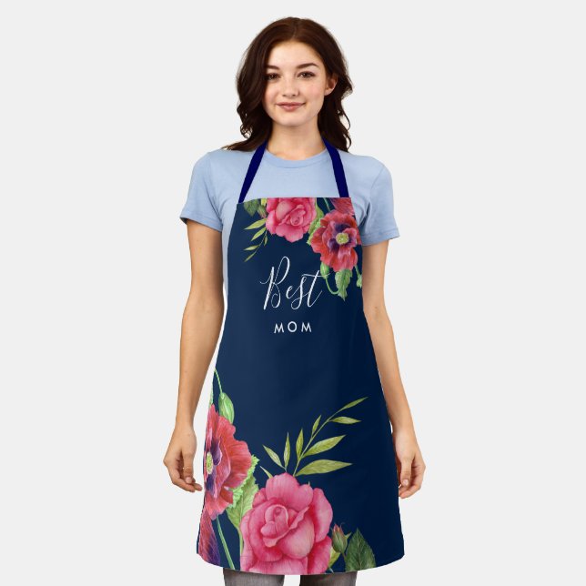 Best Mom Modern Red Pink Flowers on Dark Navy Apron (Worn)