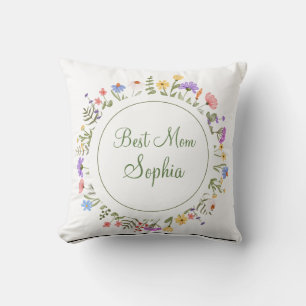 Best Mom Monogram Floral Greenery Wreath Throw Pillow