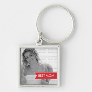 Best Mom Mothers Day Photo White Red Banner Keychain