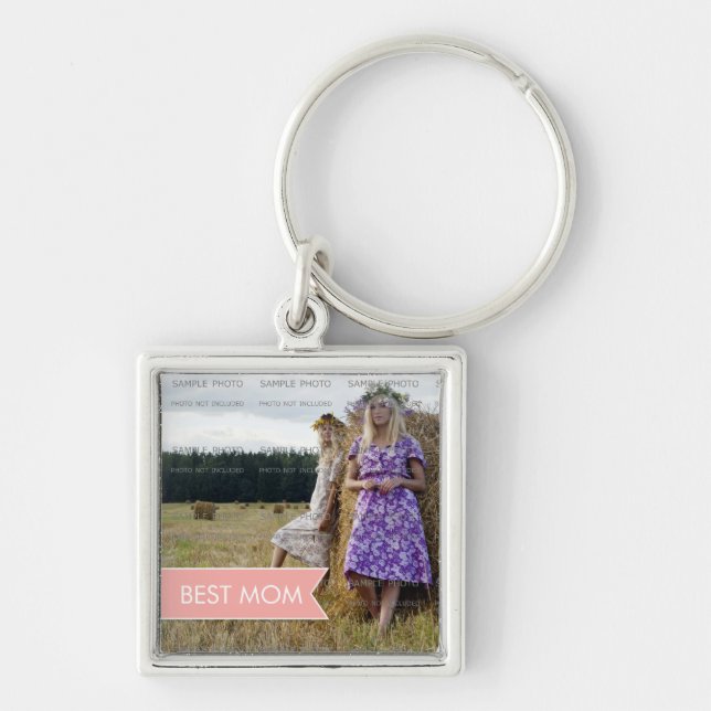 Best Mom Mothers Day White Pink Banner Photo Keychain (Front)