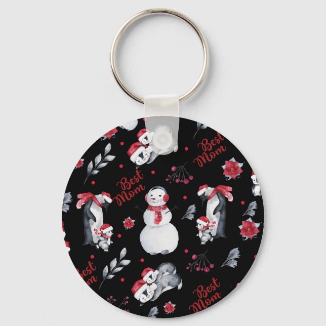 Best Mom Penguin Christmas pattern Keychain (Front)