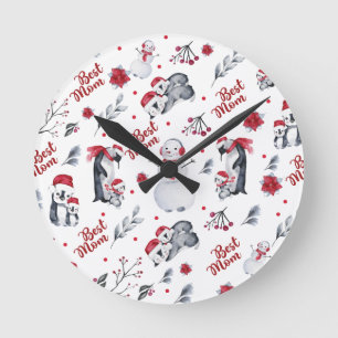 Best Mom Penguin Christmas pattern Round Clock