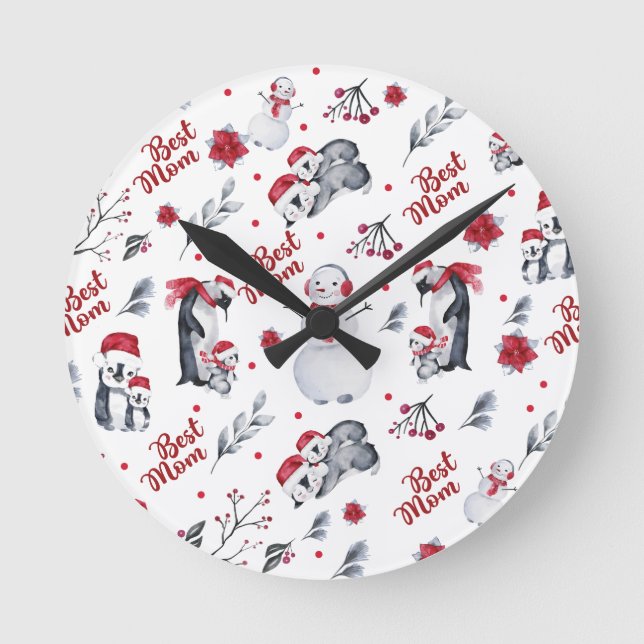 Best Mom Penguin Christmas pattern Round Clock (Front)