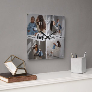 Best Mom Personalized 4 Photo Collage Square Wall Clock