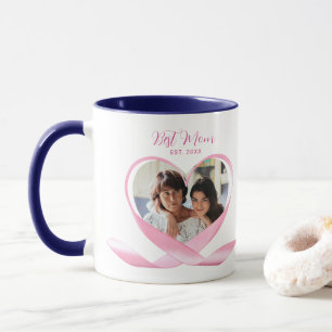 Best Mom Photo with Pink Ribbon Heart Mug