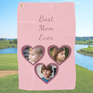 Best Mom Pink Hearts 3 Kids Custom Photo Collage  Golf Towel