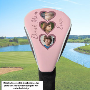 Best Mom Pink Hearts 3 Kids Photo Collage Golf Head Cover