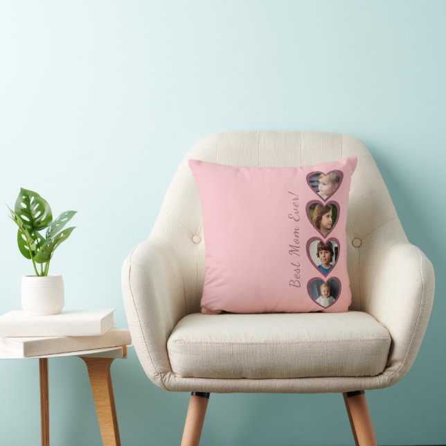 Best Mom Pink Hearts 4 children Photo Collage  Throw Pillow (Chair)