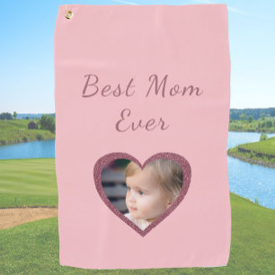 Best Mom Pink Hearts Custom Kids Photo Golf Towel