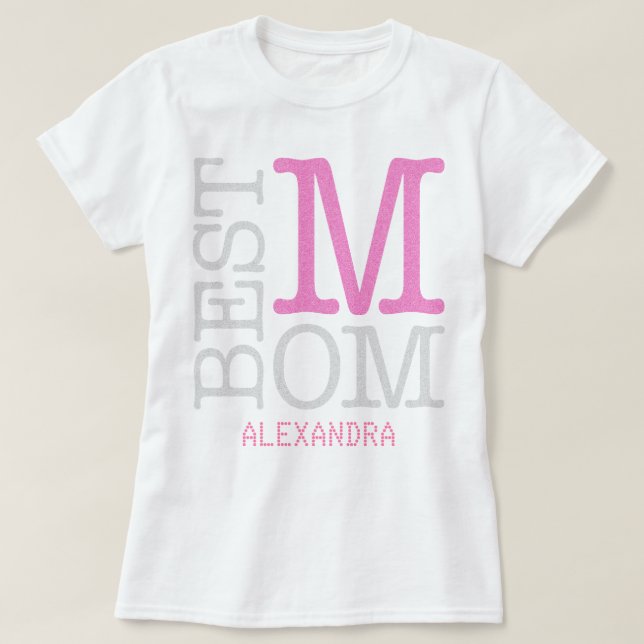 Best Mom Pink Silver Glitter Name Personalized T-Shirt (Design Front)