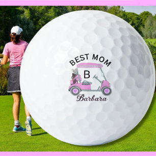 Best Mom Pink Watercolor Cart Monogram Name  Golf Balls
