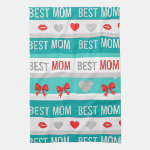 Best Mom Pop Art Hearts & Bows Retro Kitchen Towel
