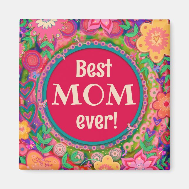 Best Mom Pretty Pink Whimsical Floral Fun Magnet (Front)