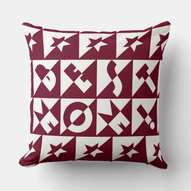 Best Mom Red and White Pattern and Stars Throw Pillow (Front)