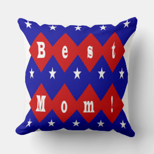 Best Mom Red, White, Blue, Diamond Shape & Stars Throw Pillow