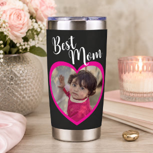 Best Mom Script Pink Heart Photo Black Insulated Tumbler