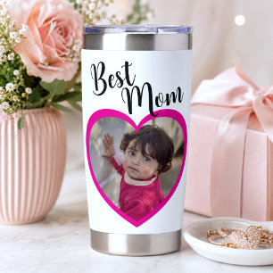 Best Mom Script Pink Heart Photo White Insulated Tumbler
