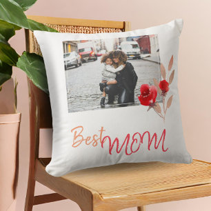 Best Mom Script Watercolor Flower Photo Floral Throw Pillow