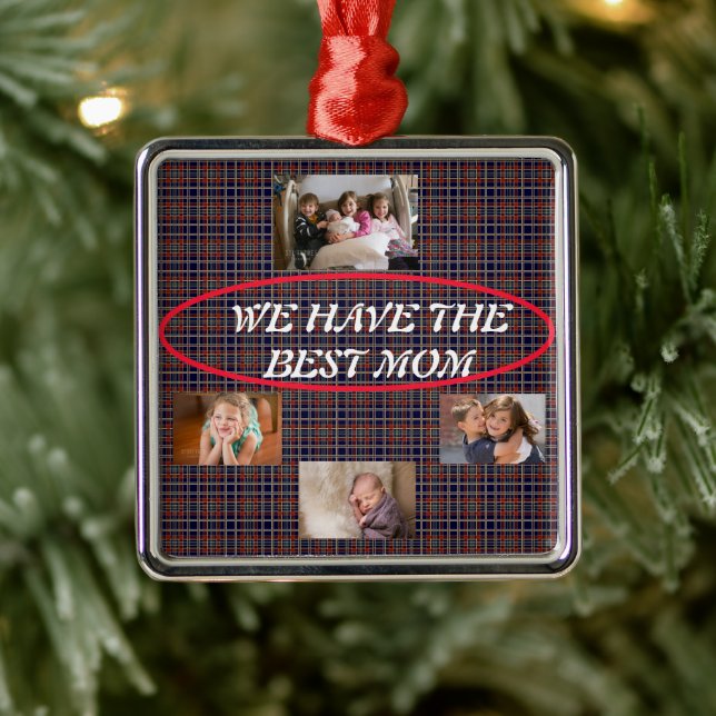 Best Mom Tartan Plaid 4 photos Hand-written script Metal Ornament (Tree)