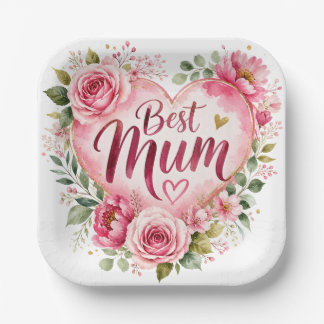 Best Mom Watercolor Floral Heart Design Paper Plate