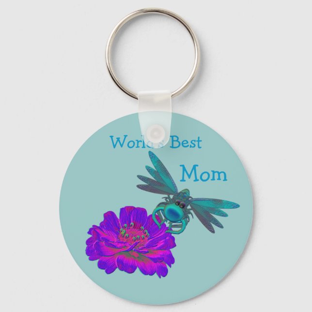 Best Mom Whimsical Dragonfly Flower Keychain (Front)