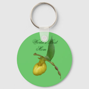 Best Mom Yellow Lady Slipper Flower Photo Keychain