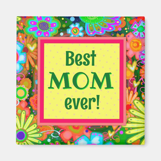 Best Mom Yellow Pretty Whimsical Hearts Floral Fun Magnet (Front)