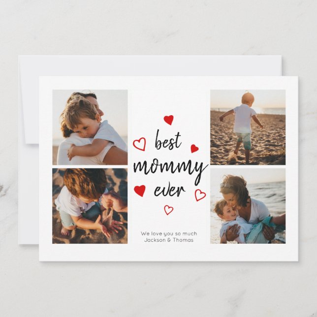 Best Mommy Cute Red Heart Typography Photo Collage Card (Front)