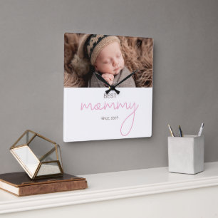 Best Mommy Since Photo Pink Script Heart Decor Square Wall Clock