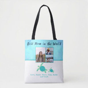 Best Mother 3 Photo Blu Watercolor Sea Turtle Tote Bag