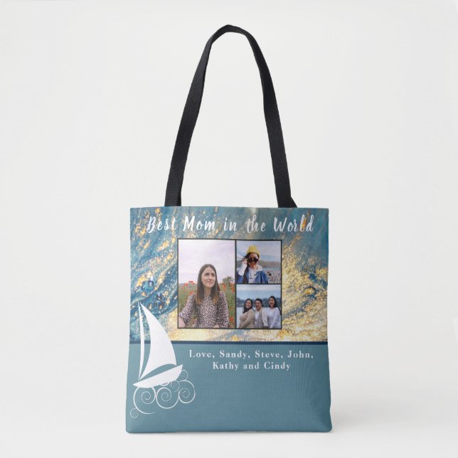 Best Mother 3 Photo Modern Blue Sailboat Tote Bag (Front)