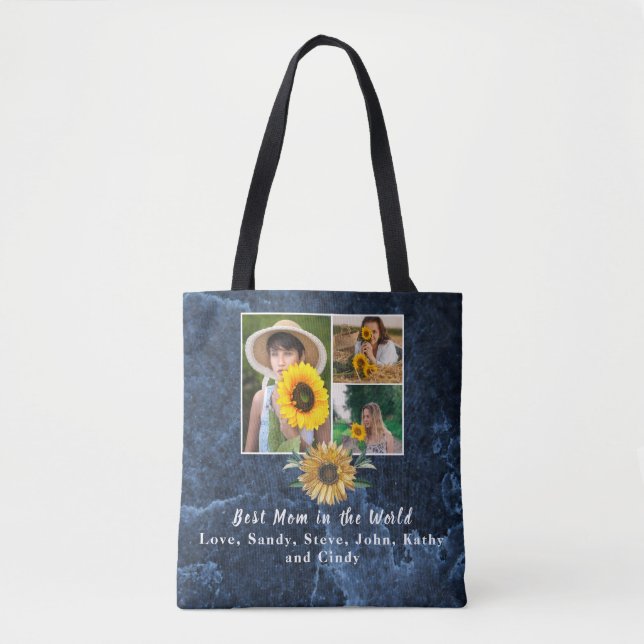 Best Mother Ever 3 Photo Collage Blue Marble Tote  Bag (Front)