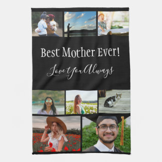 Best Mother Ever 8 Photo Collage White Script Kitchen Towel