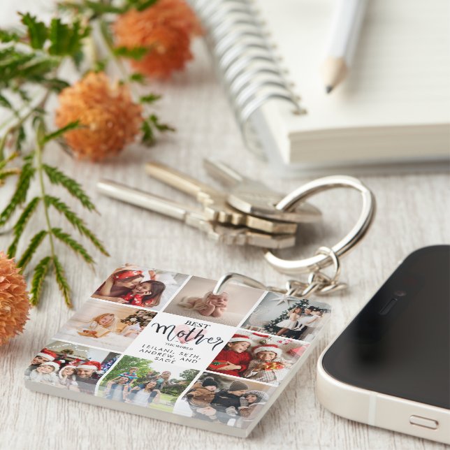 Best Mother Photo Collage Pink Heart Keychain (Front Right)