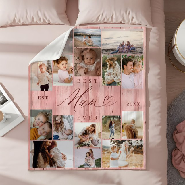 Best Mum Ever Family Photo Collage Pink Woodgrain Fleece Blanket (Best Mum Ever Family Photo Collage Pink Woodgrain Fleece Blanket)