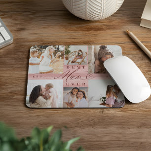 Best Mum Ever Family Photo Collage Pink Woodgrain Mouse Pad