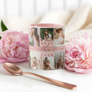 Best Mum Ever Family Photo Collage Pink Woodgrain  Mug