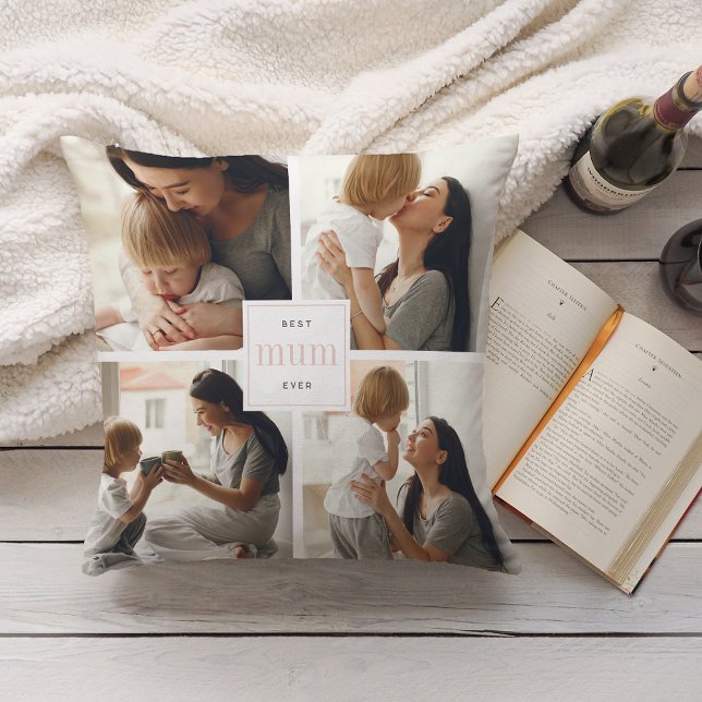 Best Mum Ever | Pink & White Kids Photo Collage Throw Pillow (Creator Uploaded)