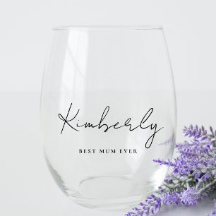 Best Mum Ever Script Monogram Stemless Wine Glass