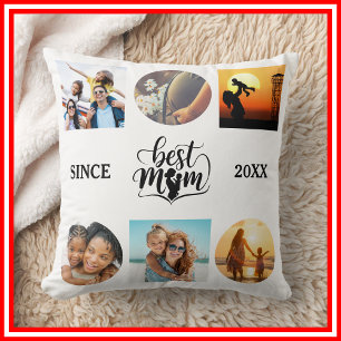 Best Mum Photo Collage Elegant Script Heart Throw Pillow