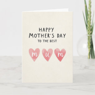 Best Mum Watercolor Hearts Card