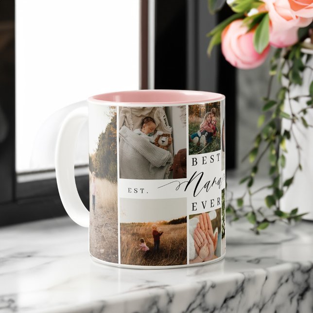 Best Nana Ever | Elegant Script 8 Photo Collage Two-Tone Coffee Mug (Best Nana Ever | Elegant Script 8 Photo Collage Two-Tone Coffee Mug)