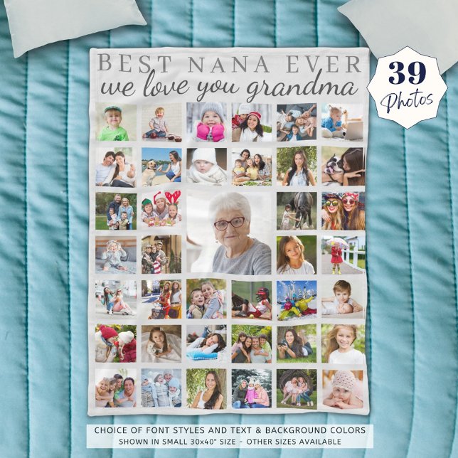 BEST NANA EVER Grandma Photo Collage Grey Fleece Blanket (Creator Uploaded)