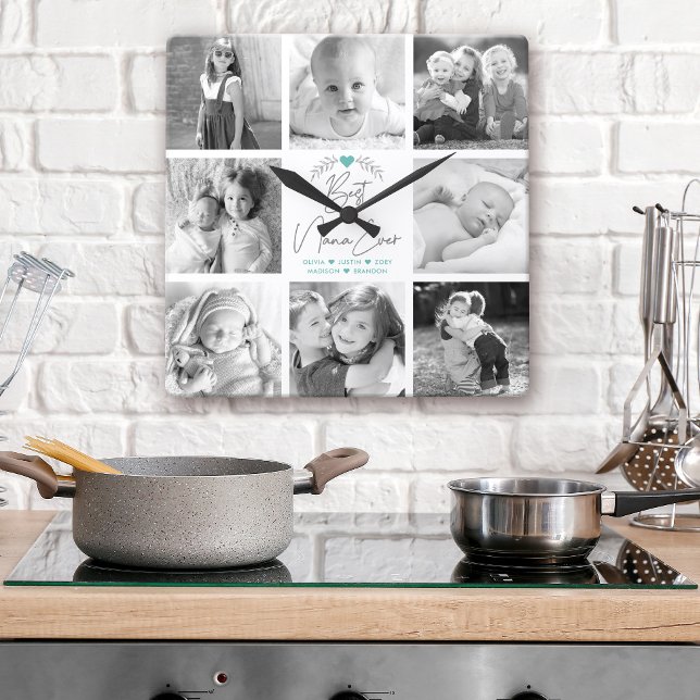 Best Nana Ever Modern Script 8 Photo Collage Chic Square Wall Clock (Creator Uploaded)