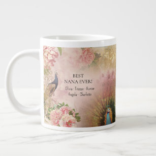 Best Nana Pink Floral Peacock Children Mothers Day Large Coffee Mug