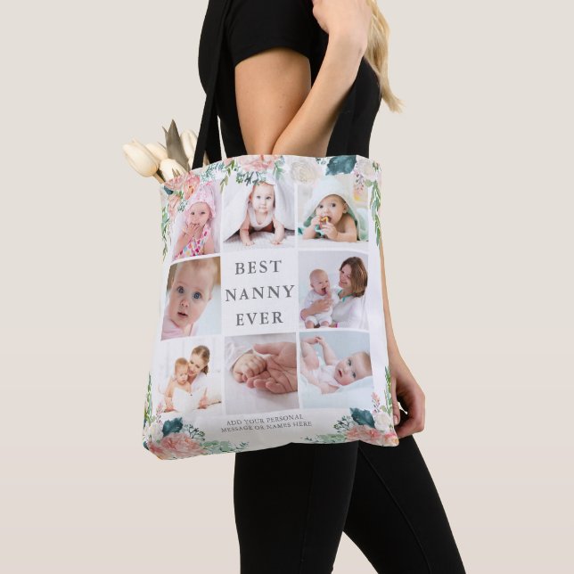 BEST NANNY EVER 8 Photo Collage Floral Custom Text Tote Bag (Close Up)